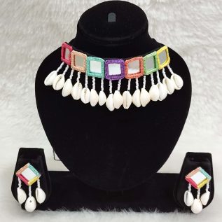 Handmade Pastel Multicolor Mirror Work Choker Necklace Set with Cowrie Shell Drops and Matching Earrings