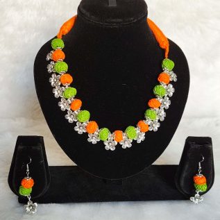 Handmade Green Orange Cotton Thread Necklace Set with Silver Floral Charms – Festive & Haldi Jewelry