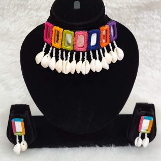 Handmade Multicolor Mirror Work Choker Necklace Set with Cowrie Shell Drops & Matching Earrings