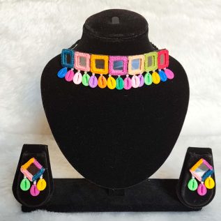 Handmade Multicolor Mirror Work Choker Necklace Set with Earrings – Festive & Navratri Jewelry