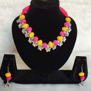 Handmade Pink Yellow Cotton Thread Necklace Set with Silver Floral Charms – Festive & Haldi Jewelry