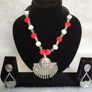 Handmade Thread Beaded Necklace Set with Oxidized Silver Pendant and Matching Earrings