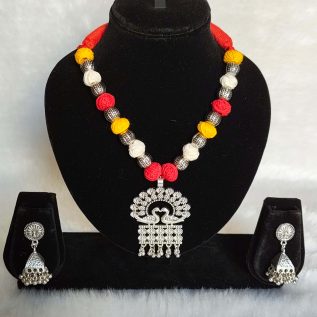 Multicolor Beaded Oxidised Silver peacock Pendant Necklace Set – Navratri & Festive Jewelry for Women